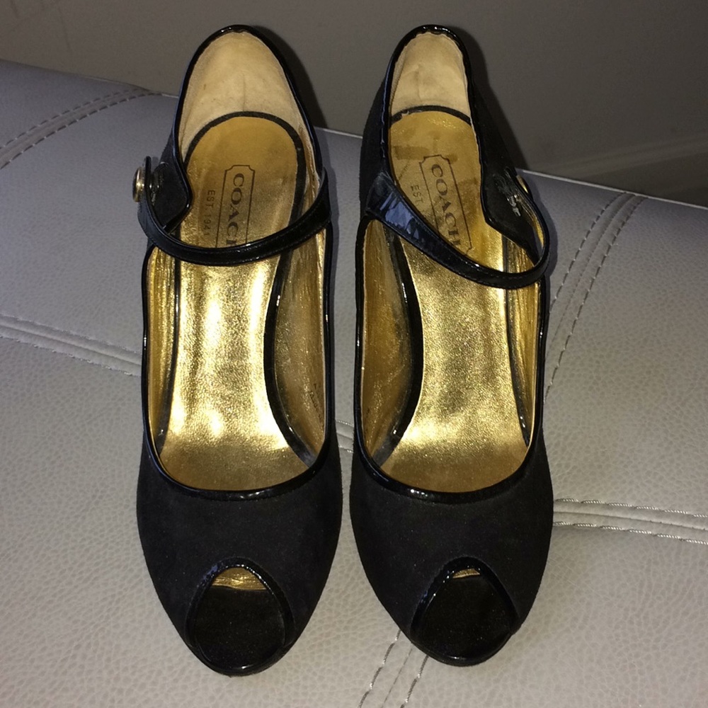 COACH Joley Mary Jane Peep Toe Suede Heels